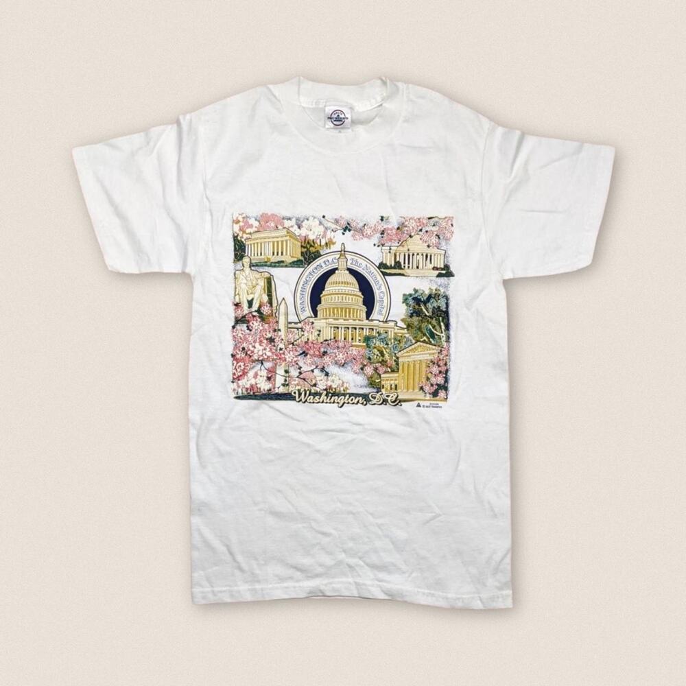 Vintage Cherry Blossom Washington D.C. Lincoln Floral Tee Destination Size Small
